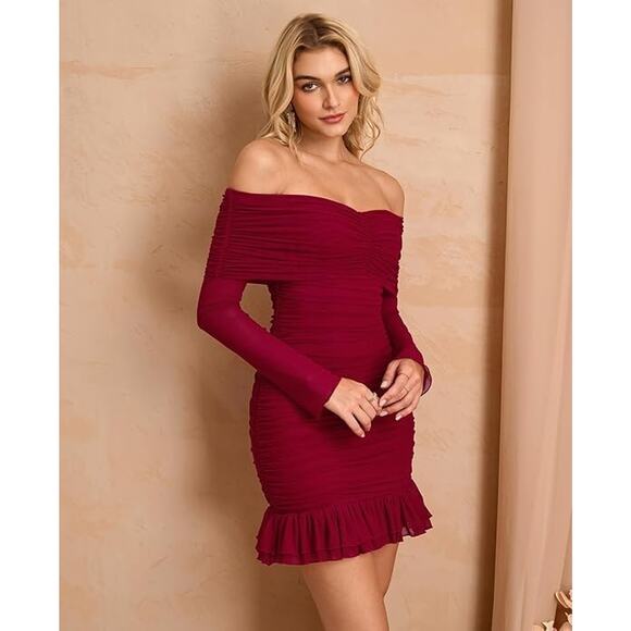 Womens Wine Red Off Shoulder Mesh Bodycon Ruffle Hem Ruched Sexy Mini Dress Med - Picture 5 of 10